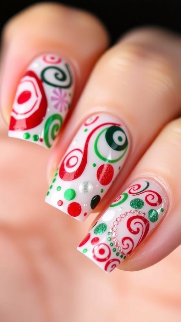 Abstract Christmas nail art with red, green, and metallic designs on nails.